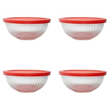 Imagem de 4 Tigelas Vidro Canelada Com Tampa Vermelha 1000Ml