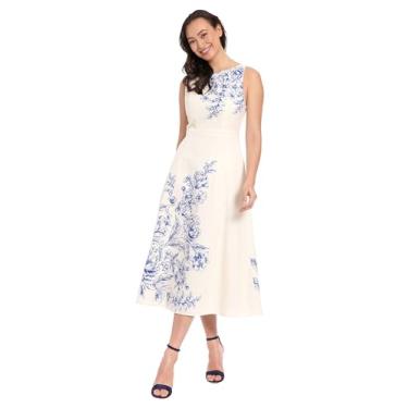Imagem de London Times Vestidos femininos sem mangas com gola redonda e flare midi para convidados de casamento, Creme/azul-marinho, 46
