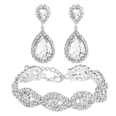 Imagem de Miraculous Garden Brincos de pingente de gota de strass de cristal banhado a prata Conjunto de joias de pulseira para mulheres meninas, 2 pacotes de joias de festa de casamento para dama de honra presente de formatura.