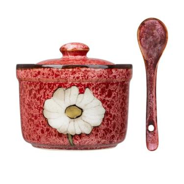 Imagem de Soyestan Açucareiro de cerâmica feito à mão com tampa e colher, pote de condimento de porcelana de 255 g com design floral pintado à mão, recipiente de tempero colorido para açúcar, sal, especiarias