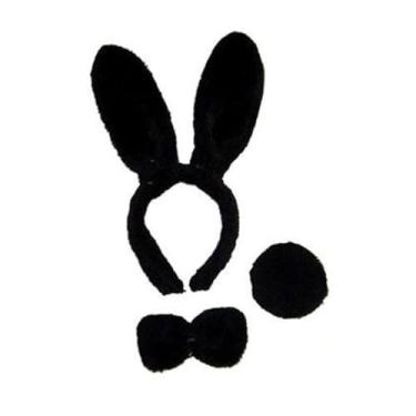 Imagem de Kit Fantasia Coelho 3 Peças, Tiara, Gravata e Rabinho, Preto, Acessório para Festa e Carnaval