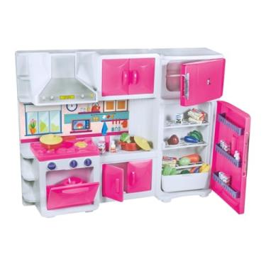 Imagem de Cozinha de Brinquedo Infantil com Geladeira, Armário,Conjuntos de Cozinha de Brinquedo, Fogão e Coifa, Cor Rosa