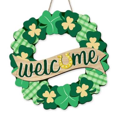 Imagem de Bolisom Guirlanda de boas-vindas do dia de São Patrício, placa para porta da frente, trevo da sorte, cabide de madeira xadrez, para uso externo, varanda, decoração de casa, guirlanda de madeira em