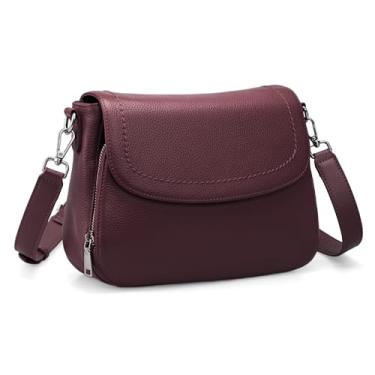 Imagem de befen Bolsa tiracolo de couro genuíno para mulheres com carteira RFID embutida média feminina bolsa transversal, Vermelho vinho, Medium, Bolsa tiracolo