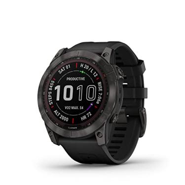 Imagem de Garmin 010-02541-10 Fenix 7X Sapphire, smartwatch de aventura maior, recursos de carregamento solar, relógio GPS externo robusto, tela sensível ao toque, recursos de bem-estar, titânio DLC cinza carbono com pulseira preta