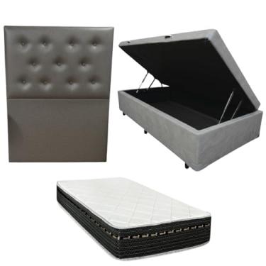 Imagem de Cama Box Baú Blindada com Colchão Eagle Molas Bonnel 22cm + Cabeceira Botonê (CORINO CINZA, Solteiro)