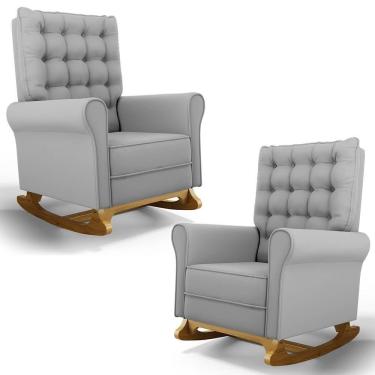 Imagem de Kit 02 Poltronas De Amamentação Base Madeira Balanço Brenda G05 Veludo Cinza - Mpozenato