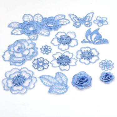 Imagem de Xiufortion Conjunto de apliques de renda bordada azul elegante de 15 peças – Remendos delicados florais e borboletas para costura, artesanato DIY, roupas, decoração de casamento e enfeites de moda