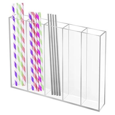 Imagem de Suporte de canudo de acrílico transparente com fita adesiva dupla face, organizador para canudos, 25,4 x 2,8 x 18 cm, dispensador de armazenamento de 5 compartimentos para armário, geladeira e porta