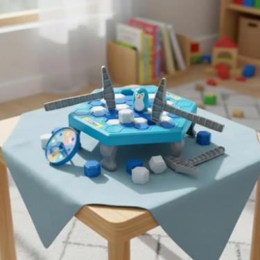 Imagem de Pinguim Divertido Jogo de Tabuleiro Quebra Gelo, Base Hexagonal Azul com Martelos, Roleta e 38 Blocos, Brinquedo Educativo para Crianças +3 Anos
