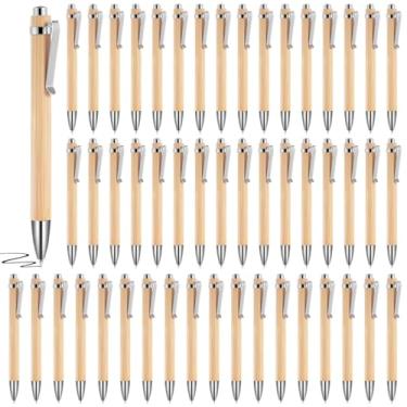 Imagem de Chewtoyo Canetas retráteis de bambu, 50 peças, a granel, canetas de tinta preta de ponta fina de 0,5 mm, canetas esferográficas de escrita suave com clipe para bolso, caderno, escritório, escola