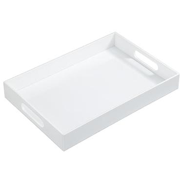 Imagem de Bandeja grande de acrílico branco 12,6 × 8,3 x 3 cm (32 x 21 x 3 cm) com alças, mesa de centro otomana, bandeja à prova d'água decoração para cozinha, festas, quarto