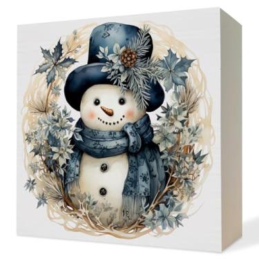 Imagem de ATBWGT Placa de caixa de madeira rústica de inverno com boneco de neve azul, decoração de inverno de fazenda, ramo de azevinho, Natal, boneco de neve, placa de bloco de madeira, placas para decoração