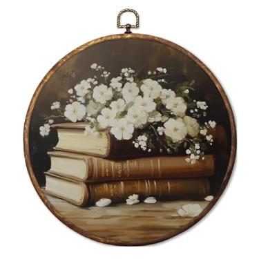 Imagem de Fyecoluo Arte de parede em tela redonda de livro floral Moofy, arte em tela emoldurada de leitura vintage, Light Academia Bookish Circle Impressões para decoração de sala de leitura de biblioteca, 25