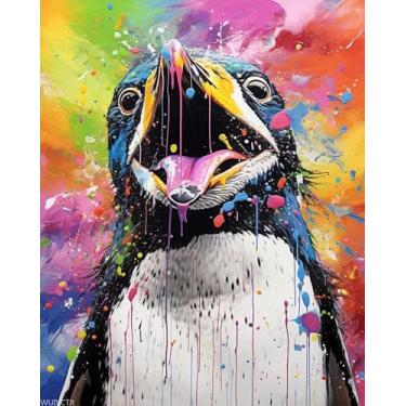 Imagem de WUIVCTR Pinguim de grafite abstrato colorido, kits de pintura por números para adultos, acrílico, kits de pintura a óleo, material de linho, 40 x 50 cm, sem moldura