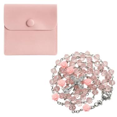 Imagem de ZHLKHIOP Rosário rosa para mulheres, contas de vidro com fecho de pressão, joia devocional para oração e meditação