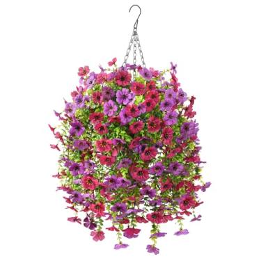 Imagem de INQCMY Flores artificiais penduradas com cesta para decoração de primavera ao ar livre, plantas de plástico falso, flor sintética para jardim, varanda, pátio, varanda, jardim, decoração