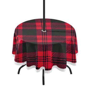 Imagem de Blueangle Toalha de mesa redonda xadrez vermelha e preta à prova d'água de 152 cm com orifício para guarda-chuva - Tecido resistente à prova de sol para todos os climas para pátio, acampamento