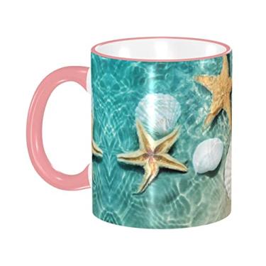 Imagem de Ourdovi Caneca de café expresso de cerâmica com padrão estrela do mar e conchas, caneca de cerâmica revestida DIY, para café, sopa, chá, leite, latte, cacau quente, colorido divertido 340 g.