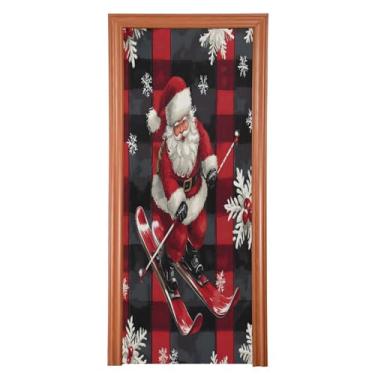 Imagem de Wassud Capa de porta de Natal para decoração de banner 99 x 199 cm grande Natal Papai Noel em esquis capa de porta interna elástica para varanda porta da frente