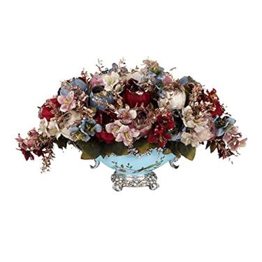 Imagem de LMJYU Flores artificiais - Arranjo de peças centrais de flores de peônia sintética, flores de peônia falsas de flanela de seda premium com vaso de resina