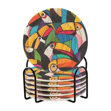 Imagem de Conjunto de 6 porta-copos redondos para bebidas Array of Toucans com porta-copos pretos para mesa de centro