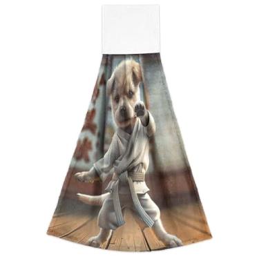 Imagem de Toalhas de cozinha de mão com pose de karatê de cachorro fofo com laço para pendurar toalhas de banho altamente absorventes conjunto de 2, toalha decorativa de cozinha fofa 47 x 35 centímetros