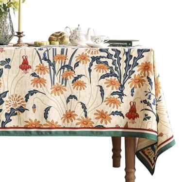 Imagem de bilin gaier Toalha de mesa retangular vintage francesa, toalha de mesa extralonga de linho com estampa floral dourada e vermelha, capa de mesa decorativa para cozinha, jantar, Ação de Graças, Natal