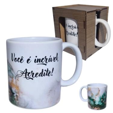 Imagem de Caneca Porcelana Café Chá Caixa MDF Presente Xícara Decorada Desenho Mármore Frase Você é Incrível Acredite