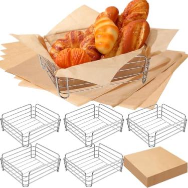 Imagem de Blulu 6 cestas de pão de arame, quadradas, cromadas, metal, Halloween, Natal, doces, jantar, armazenamento, 200 peças, papel para cozinha, restaurante, lanche, hambúrguer, frutas, recipiente para