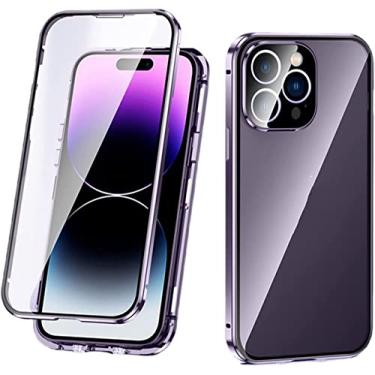 Imagem de VEVEL Capa magnética para iPhone 14 Pro Max, capa de telefone de vidro temperado dupla face com protetor de câmera e trava de segurança, capa protetora completa 360 para iPhone 14 Pro Max 2022 (Cor: roxo)