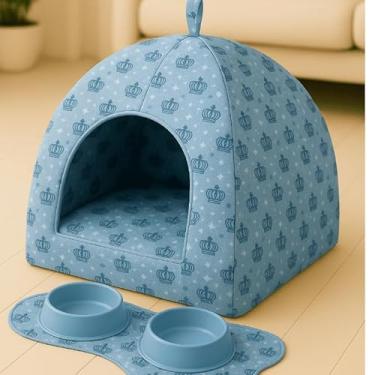 Imagem de Cama Cabana Pet 2 em 1 Impermeável Lavável para Cachorro e Gato Tenda(Azul Coroa + Tapete Comedouro,GG)