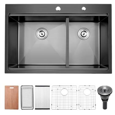 Imagem de Bewitch Pia de cozinha preta para estação de trabalho de 83 cm, 33 x 22 x 10 em aço inoxidável 60/40 tigela dupla com tábua de corte, escorredor, grade e ralo
