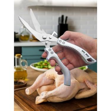 Imagem de 1 tesoura de cozinha resistente com alça antiderrapante para frango, carne e peixe, presentes de Natal, prata