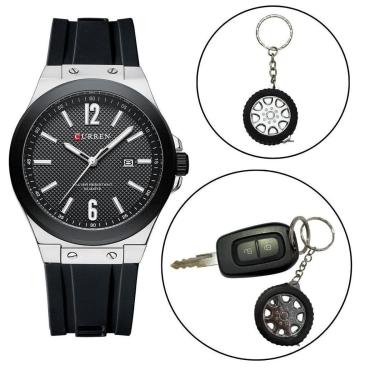 Imagem de Kit Relógio Masculino Original Curren Aço + Chaveiro Roda-Masculino
