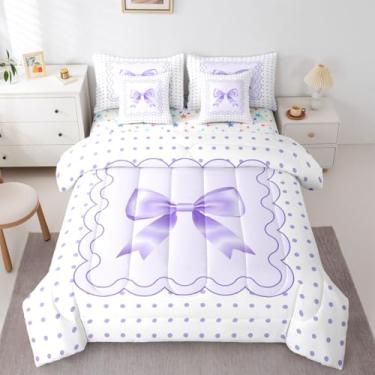 Imagem de Feelyou Jogo de cama de 7 peças com laço de seda roxa, fofo, de bolinhas, para crianças, meninos, meninas, branco, roxo, conjunto de cama doce e romântico, macio e leve