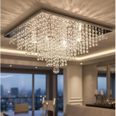 Imagem de Lustre Plafon Cristais Legítimos 50x50 Sala Jantar Estar Luxo - Luminária De Teto Sobrepor Para 4 Lâmpadas E27