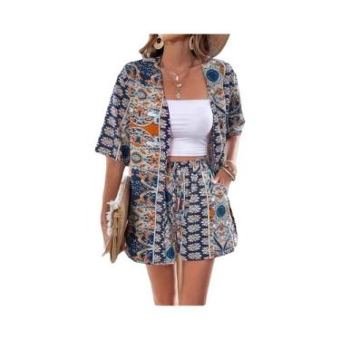 Imagem de Conjunto De Verão Feminino Com Estampa, Camisa De Manga Curta E Shorts
