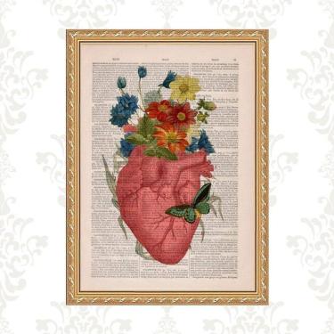 Imagem de Quadro Moldura Dourada Coração Flores Borboleta 33X24Cm
