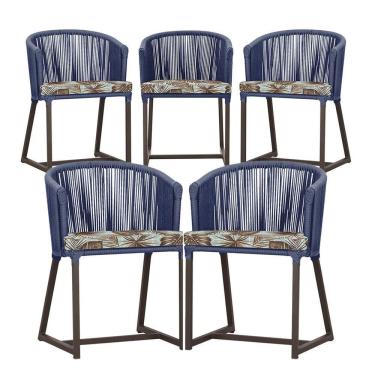 Imagem de 5 Cadeiras De Jantar Noronha Marrom Corda Náutica E6 Trama Azul
