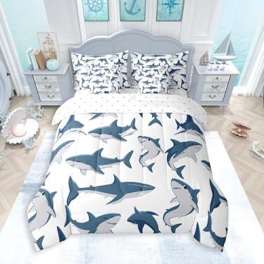 Imagem de Feelyou Conjunto de edredom Queen com estampa de tubarão, 7 peças, oceano, mar, cama subaquática de animais em uma bolsa com edredom, lençol e fronha, decoração de quarto náutico, presente acolchoado