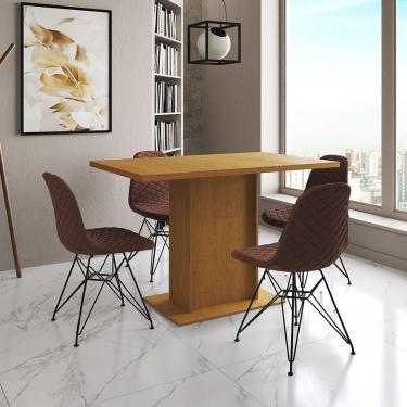 Imagem de Mesa Jantar Londres Tampo Canela 120Cm 4 Cadeiras Ferro Preto Estofado Caramelo