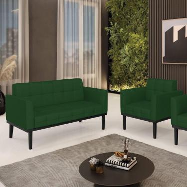 Imagem de Conjunto Poltrona E Namoradeira Decorativa Pés Fixo Em Madeira Preto Veludo Verde Esmeralda