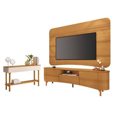 Imagem de Rack Bancada Elara e Painel Armony Cinamomo com Aparador Fiero Off White Cinamomo - HB Móveis