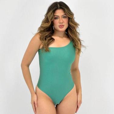 Imagem de Maiô Alto Giro Acetinado 1 Ombro Só Feminino, G, Verde salvia