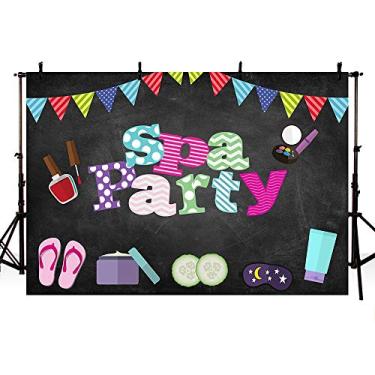 Imagem de MEHOFOND Pijamas coloridos para meninas, spa, festas, fotos, pano de fundo, fotos, acessórios de spa, decoração de aniversário, quadro-negro, fotografia fundo, banner para sobremesa, 2,1 x 1,5 m