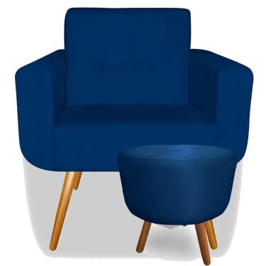 Imagem de Kit Poltrona Decorativa Anitta com Puff Redondo Pés Madeira Suede Azul Marinho