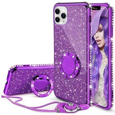 Imagem de Capa de diamante para iPhone 11 Pro Max XS Max XR X Capa de cristal Glitter Bling Ring Suporte para iPhone 12 7 8 Plus X Bumper Case, cordão de anel roxo, para iPhone13 Pro Max