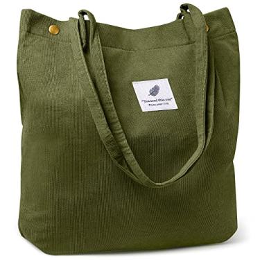 Imagem de Ndeno Bolsa feminina de ombro de veludo cotelê com bolso interno para trabalho, praia, almoço, viagem, compras, compras, compras (verde militar)