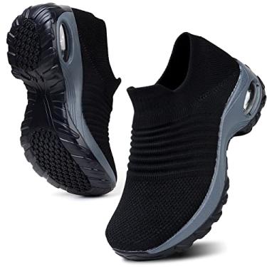 Imagem de HKR Tênis feminino de caminhada, suporte de arco, antiderrapante, tecido respirável, cabedal leve para fascite plantar, Preto, 35